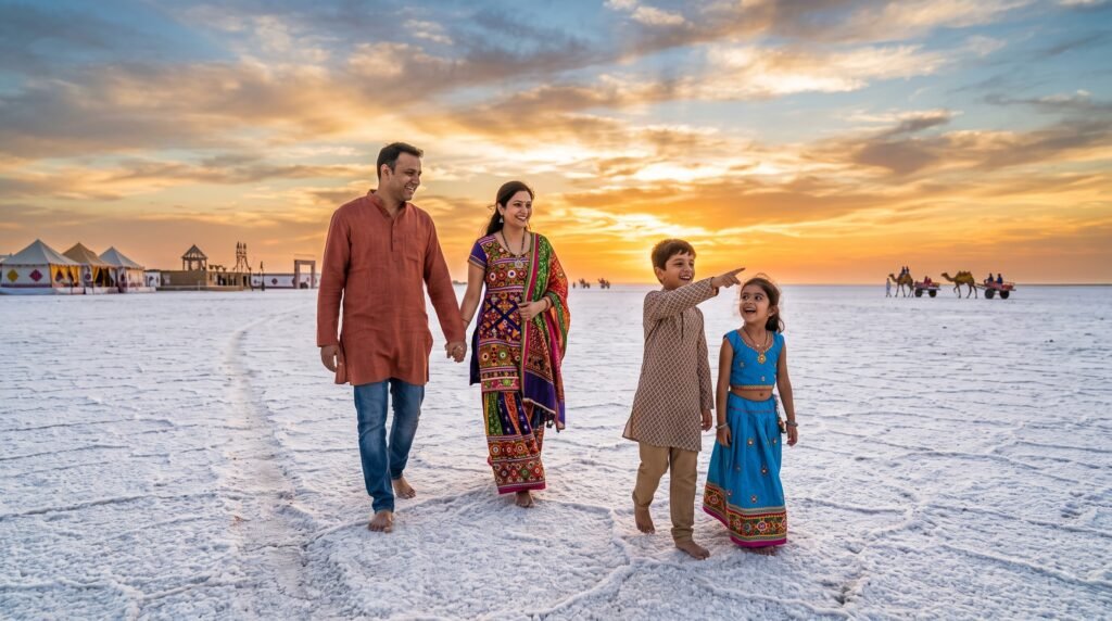 family with kids exploring White Rann of Kutch during Rann Utsav