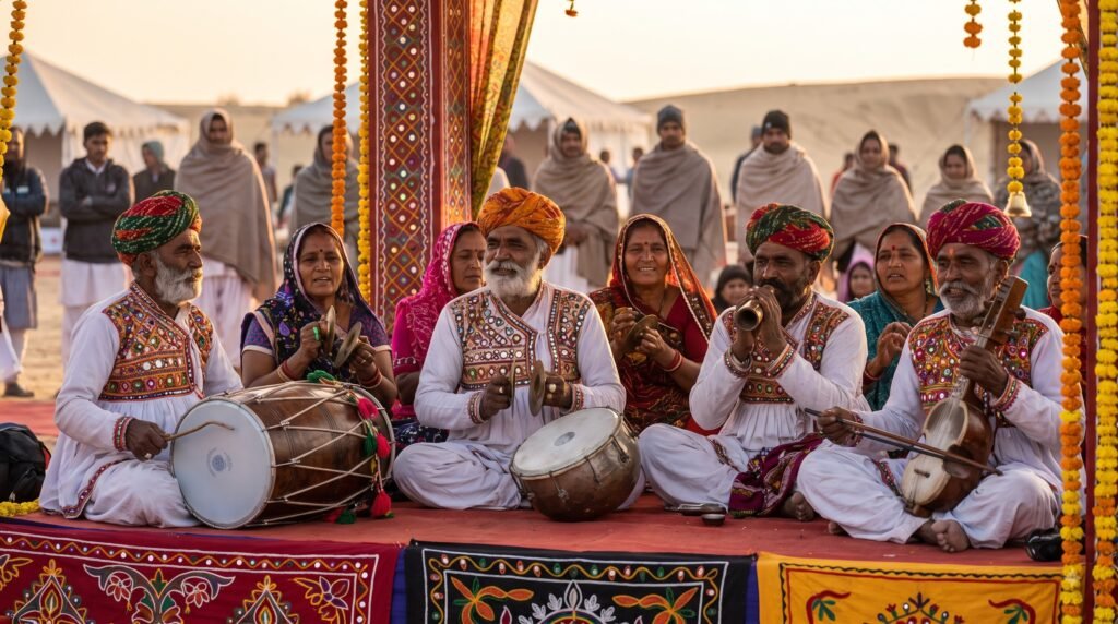Rann Utsav cultural shows featuring traditional Kutchi folk dancers in Dhordo Kutch