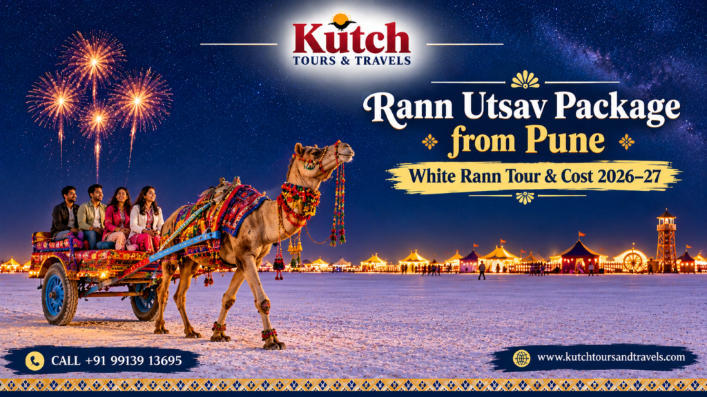 Rann Utsav package from Pune featuring a decorated camel cart, tourists, fireworks, and the illuminated White Rann of Kutch at night.