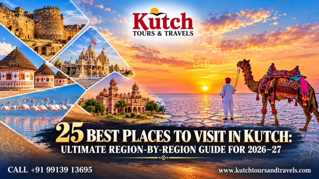 25 Best Places to Visit in Kutch, Gujarat, featuring the White Rann sunset, decorated camel, historic forts, temples, traditional Bhunga huts, and flamingos.