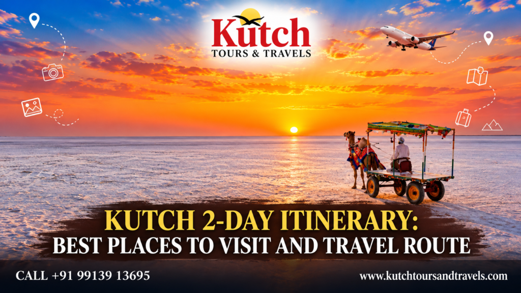 Kutch 2-day itinerary featuring a camel cart at sunset in the White Rann of Kutch, Gujarat Image Caption: