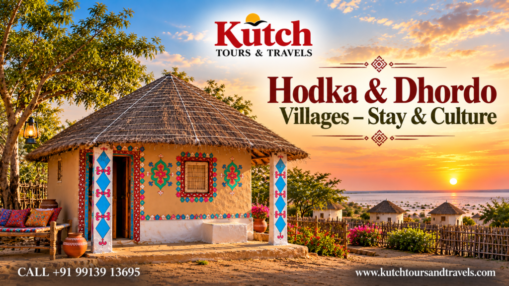 Traditional Kutchi bhunga house in Hodka village with colourful folk art, village huts and sunset landscape in Kutch, Gujarat.