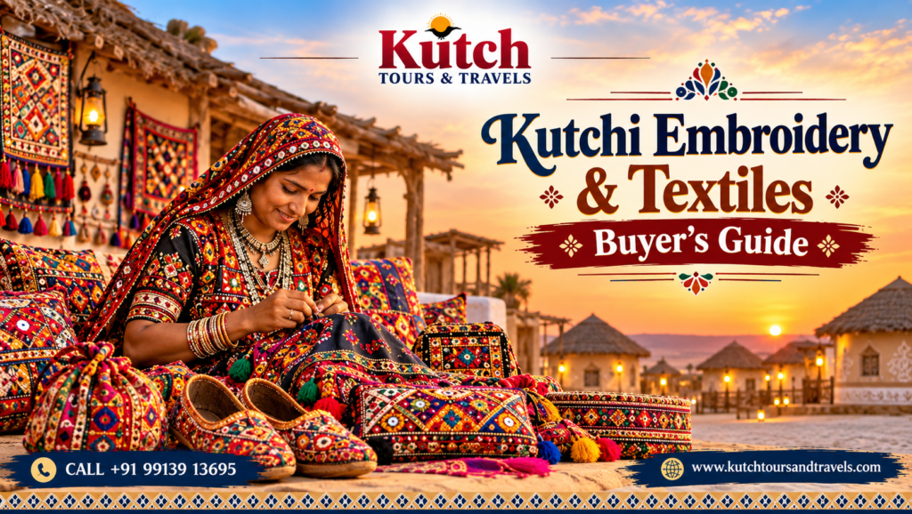 Kutchi embroidery and traditional textiles featuring colourful mirror work and handmade crafts in Kutch, Gujarat.