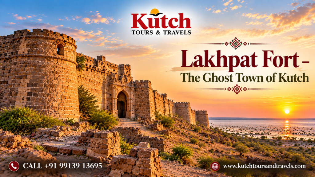 Lakhpat Fort Kutch Gujarat at sunset featuring historic stone walls and the Ghost Town of Kutch travel banner