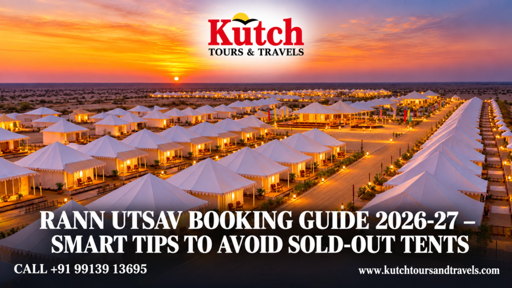 Luxury Rann Utsav tent city in Kutch, Gujarat, glowing under a vibrant sunset, featured in the Rann Utsav Booking Guide 2026-27 by Kutch Tours & Travels.