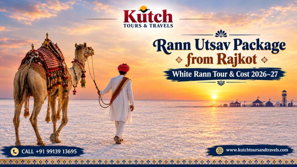 Rann Utsav package from Rajkot featuring a decorated camel on the White Rann of Kutch at sunset.